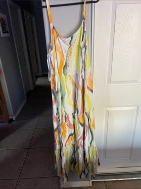 torrid White Maxi Dress with Yellow, Green, Orange & Pink Wave Print